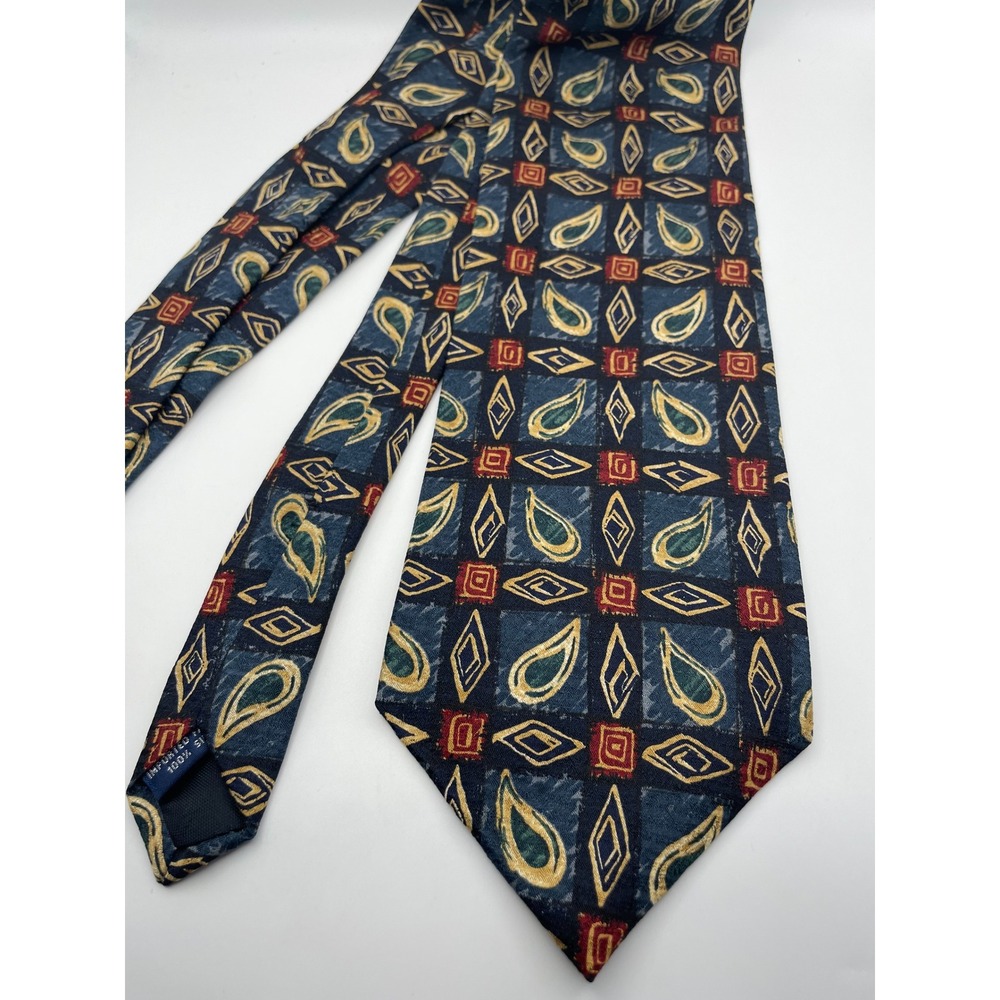 Vintage Guess Mens Silk Tie Navy Blue Gold Paisley Geometric Made in USA 90s